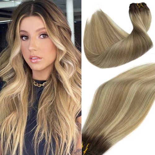 Balayage Sew in Weft Hair Extensions Human Hair #8 Light Brown Roots 20Inch 100G Brown to #60 Platinum Blonde Hand Tied Weft Real Hair Extensions Ombre Highlight Blonde Double Weft Bundles for Women