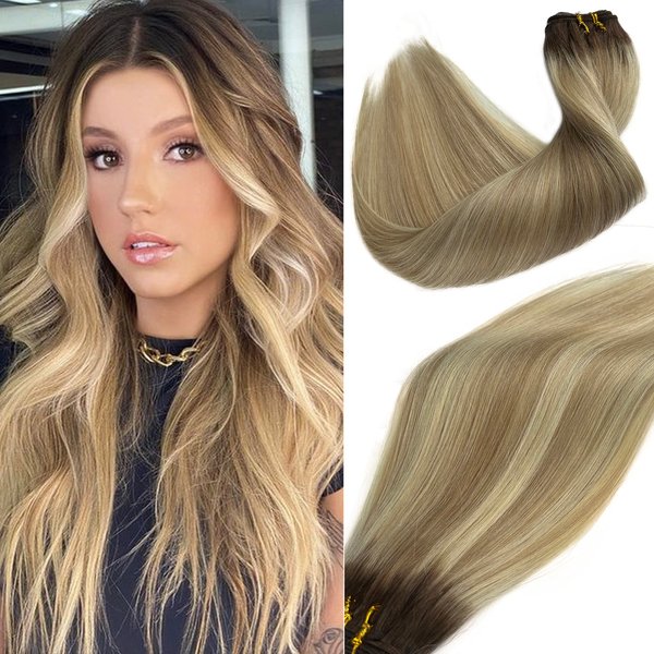 Balayage Sew in Weft Hair Extensions Human Hair #8 Light Brown Roots 20Inch 100G Brown to #60 Platinum Blonde Hand Tied Weft Real Hair Extensions Ombre Highlight Blonde Double Weft Bundles for Women