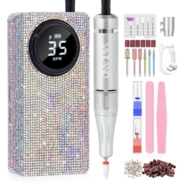 SAVILAND Professionl Nail Drill Kit: Diamond Shiny | 35000RPM Electric Nail Drill Machine | Nail Drill Kit Professional Drill Bits Drill Nail File Buffer Dust Brush Expert Salon Use Manicure Pedicure