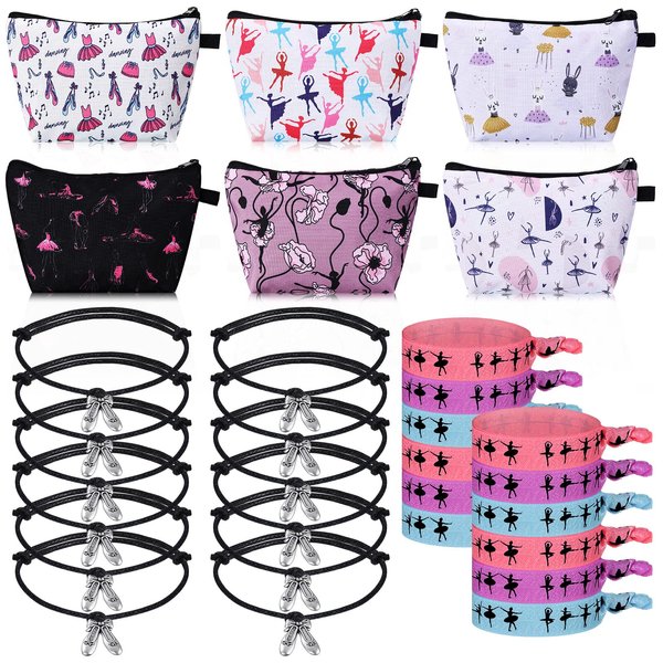 30 Pieces Ballet Dance Gifts 6 Ballet Girl Makeup Cosmetic Tote Bag 12 Dance Hair Ties Gifts for a Dance Recital Ribbon Elastic Ponytail Holder 12 Ballet Dance Charm Bracelets Girls Dance Jewelry