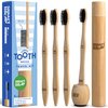 Bamboo Charcoal Toothbrushes (4 Pack) with Travel Case & Stand - Extra Soft Bristles for Adults & Kids Teeth | Zero Waste Travel Toothbrush Kit | Natural Eco-Friendly Wooden Brush Holder Cover