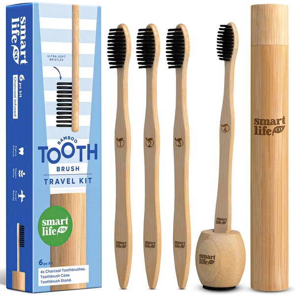 Bamboo Charcoal Toothbrushes (4 Pack) with Travel Case & Stand - Extra Soft Bristles for Adults & Kids Teeth | Zero Waste Travel Toothbrush Kit | Natural Eco-Friendly Wooden Brush Holder Cover