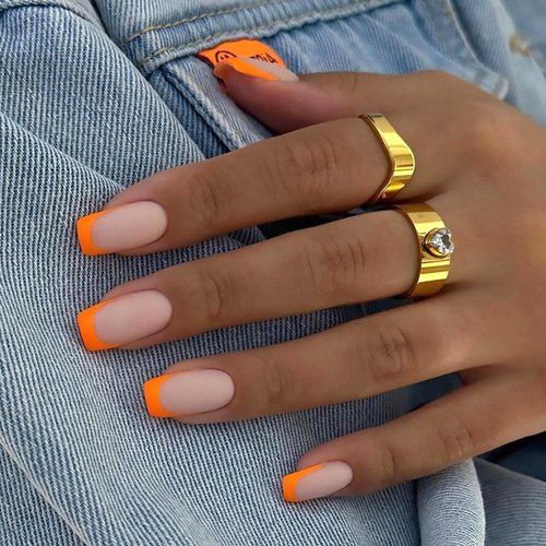 Orange French Tip Press on Nails Medium Square Matte False Nails With Designs Full Cover Stick on Nails Acrylic Coffin Artificial Nails Glue on Nails for Women Girls Nail Art Decorations 24Pcs