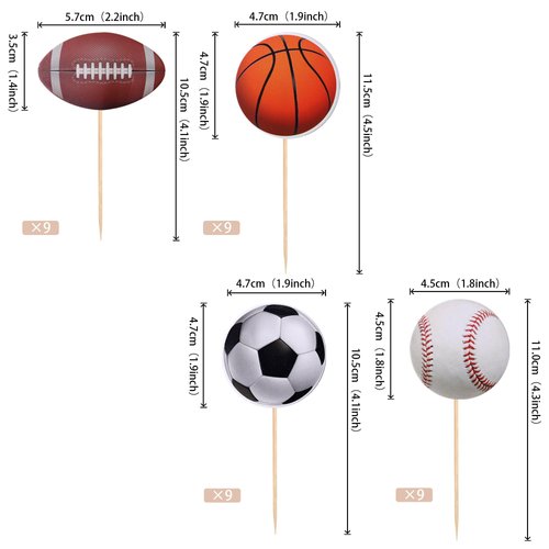 36 PCS Sports Cupcake Toppers Baseball Cupcake Picks Football Soccer Ball ToothPicks Rugby Basketball Cake Decorations for Sports Balls Theme Boys Men Birthday Party Supplies