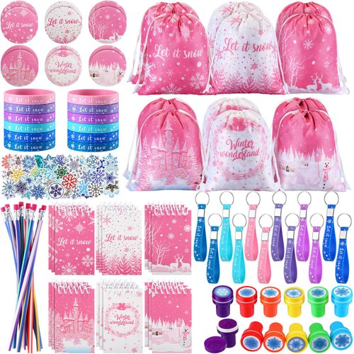 Abbylike 140 Pcs Winter Party Favors Christmas Gifts for Kids Snowflake Wonderland Party Favors Supplies Birthday Notebook Bracelet Stamper Sticker Drawstring Bag Pencil Button Pin Keychain