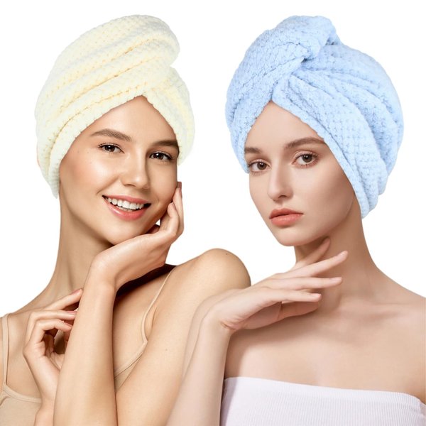 MaopaoBeauty Microfiber Hair Towel Wrap with Double Buttons to Dry All Wet Hair Style Quickly 2Pack Long Hair Head Turban Wraps with Pineapple Plaid Design(Beige&Blue)