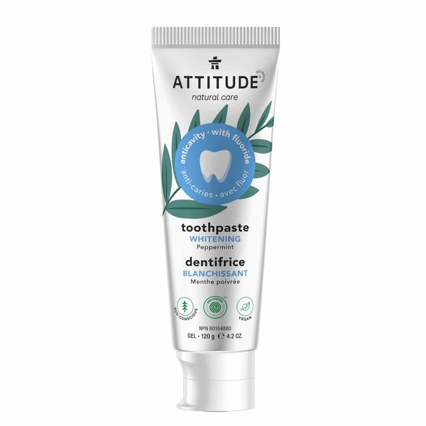 ATTITUDE Toothpaste with Fluoride, Prevents Tooth Decay and Cavities, Vegan, Cruelty-Free and Sugar-Free, Whitening, Peppermint, 4.2 Oz