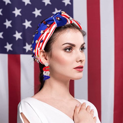 NVENF 4th of July Headbands, American Flag Star Headband Pearl Crystal Rhinestone Knotted Headbands Patriotic 4th of July Accessories Outfits for Women Holiday Gifts (Star A-White)