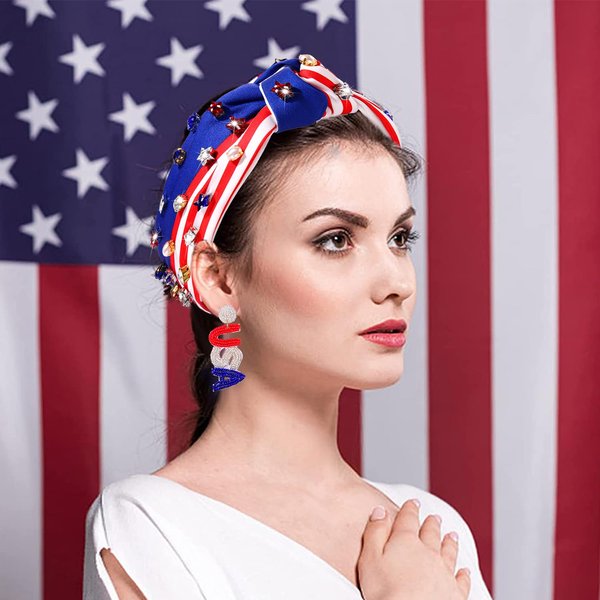 NVENF 4th of July Headbands, American Flag Star Headband Pearl Crystal Rhinestone Knotted Headbands Patriotic 4th of July Accessories Outfits for Women Holiday Gifts (Star A-White)