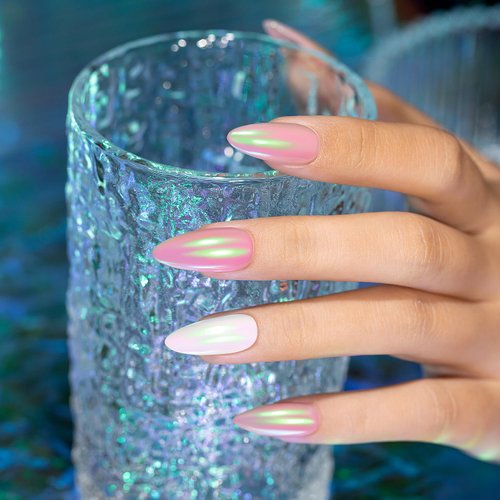RARJSM Aurora Chrome Nail Polish Chameleon Nail Powder Liquid Metallic Mirror Effect Pink Green Iridescent Chrome Nail Powder for Polish White Pearl Mermaid Glitter Nail Art Quick Dry 5ML 0.17FLOZ