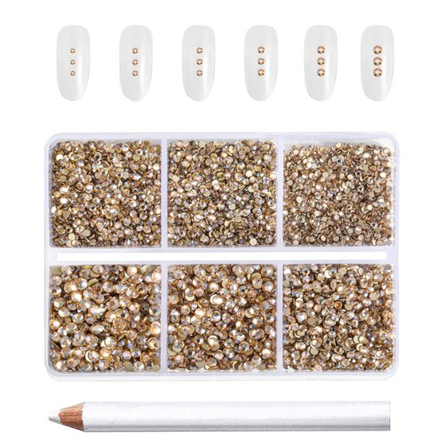 Beadsland 7200pcs Flatback Rhinestones,Gold Rhinestones Nail Gems Round Crystal Rhinestones for Crafts,Mixed 6 Sizes with Wax Pencil Kit, SS3-SS10,Golden Shadow