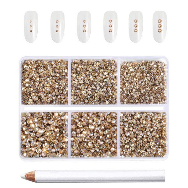 Beadsland 7200pcs Flatback Rhinestones,Gold Rhinestones Nail Gems Round Crystal Rhinestones for Crafts,Mixed 6 Sizes with Wax Pencil Kit, SS3-SS10,Golden Shadow