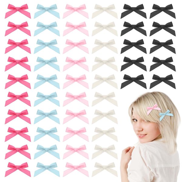 Qiany 50Pcs Mini Bow Hair Clips Cute Bowknot Metal Barrettes Sweet Little Bow Hair Ribbon Alligator Clips Solid Color Non-Slip Hair Accessories for Women Girl Teens Hair Design Thick Thin Braids Party