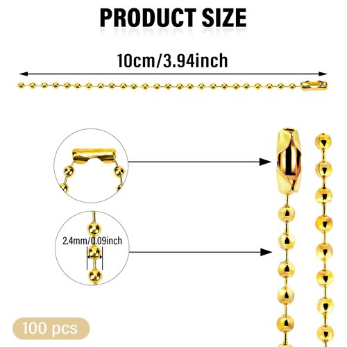 100Pcs Ball Beads Chain,4inch Bead Chain Gold Beads 2.4mm Diameter with Ball Connector Clasp Keychain Rings Metal Rings for Crafts Dog Tag Metal Chain Metal Bead Chain Dog Tag Chain