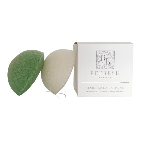 Gentle Exfoliating Sponge | Refresh Beauty Products | Konjac Face Scrubber | Dead Skin Remover | Soft and Effective | 2 Piece Set, White, Green