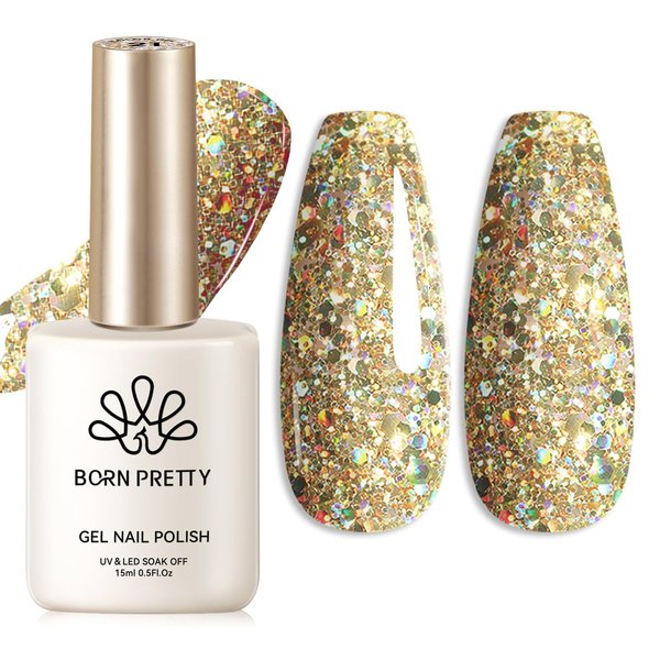 Born Pretty Hema-Free Glitter Gel Nail Polish, 15ml Sparkly Gold Soak Off U V LED Gel Polish Nail Art Design Manicure Salon DIY Home,Gift for Girls