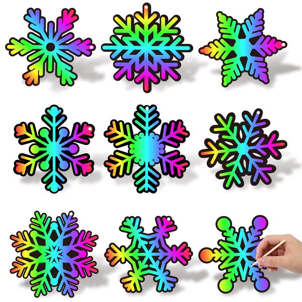 JarThenaAMCS 72Pcs Winter Snowflake Scratch Paper Rainbow DIY Scratch Art Magic Scratch Off Cutout with 72Pcs Ribbons 36Pcs Wooden Styluses for Christmas Craft Party Game