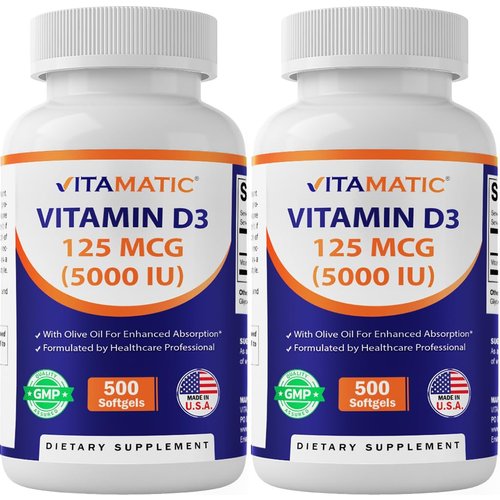 Vitamatic Vitamin D3 5000 IU (125 mcg) – 500 Mini Softgels Olive Oil-Based Formula – Cold-Pressed – 500-Day Supply – Supports Bone, Muscle & Immune Health – Non-GMO & Gluten-Free- 2 Pack