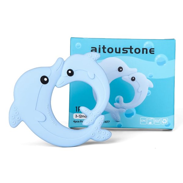 Teething Teether Toys for Babies 0-6, 6-12 Months, Aitoustone Soft Dolphin BPA Free Teething Toy for Baby Chewing Relief Toys