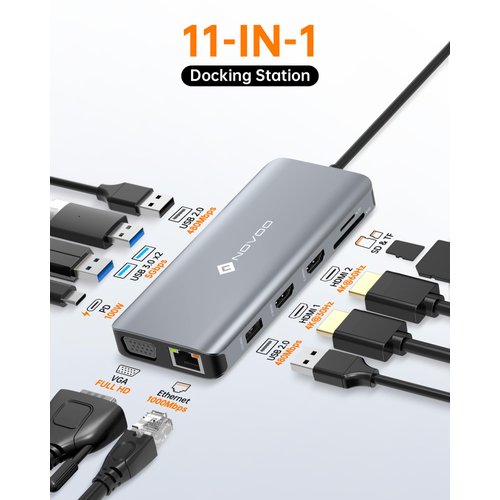 USB C Docking Station Dual HDMI Adapter, NOVOO 11 in 1 Multi Display Laptop Docking Station Dual Monitor with 2 HDMI, VGA, 100W PD, 4 USB, USB C Hub Thunderbolt Dock
