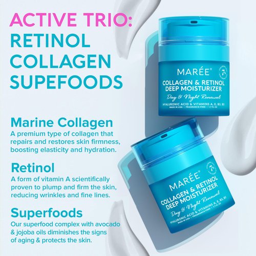MAREE Face Moisturizer Collagen Cream - Anti Aging Face Cream with Hyaluronic Acid & Retinol - Day & Night Cream with Hydrating Effect - Moisturizing Cream for Face with Vitamins A & E - 1.7oz