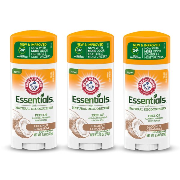 ARM & HAMMER Essentials Deodorant - Made with Natural Deodorizers - Coconut Geranium - Free From Aluminum, Parabens & Phthalates, 2.5 oz (Pack of 3)