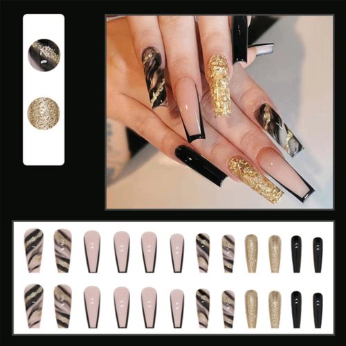 YoYoee Long Coffin False Nails Glitter for nails Press on Nails Black Fake Nails Marble Nails Tips Full Cover Stick on Nails for Women and Girls 24Pcs