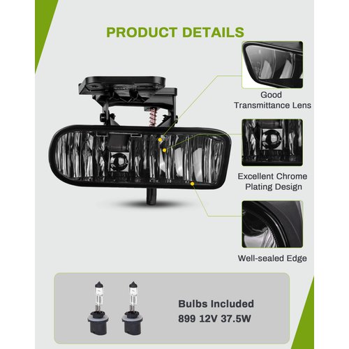 AUTOSAVER88 Fog Lights Compatible with 1999 2000 2001 2002 GMC Sierra 2000 2001 2002 2003 2004 2005 2006 GMC Yukon Pickup Truck Fog Lamps,with 12V 37.5W 899 Bulbs,Smoke Lens