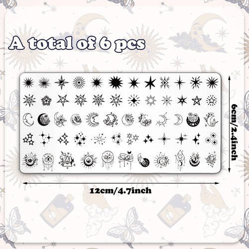 Whaline 6Pcs Sun Moon Star Nail Plates Stamping Set Groovy Stamp Templates Nail Art Plates for DIY Print Manicure Salon Design Gift Supplies