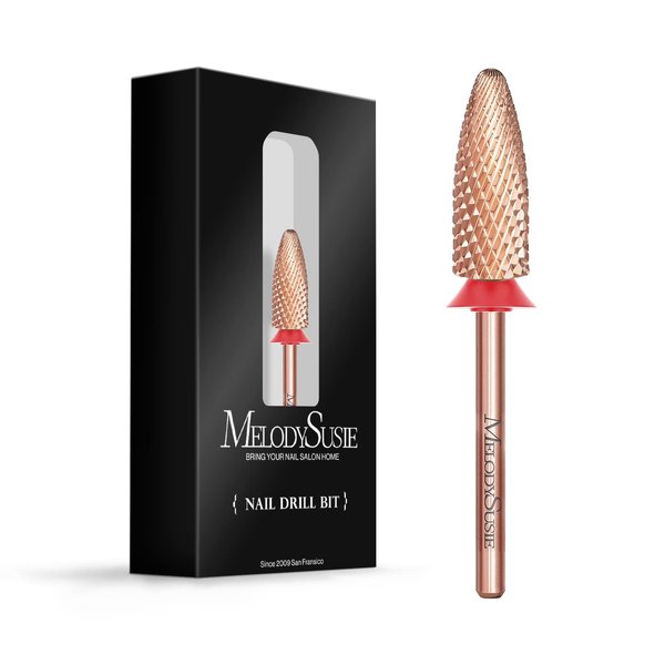 MelodySusie Long Flame Nail Drill Bits, 3/32'' Carbide Tungsten Bits, Suitable for Manicure Pedicure Cuticle Gel Polishing, Beginners Bits, Rose Gold, Series Bit-X, Fine