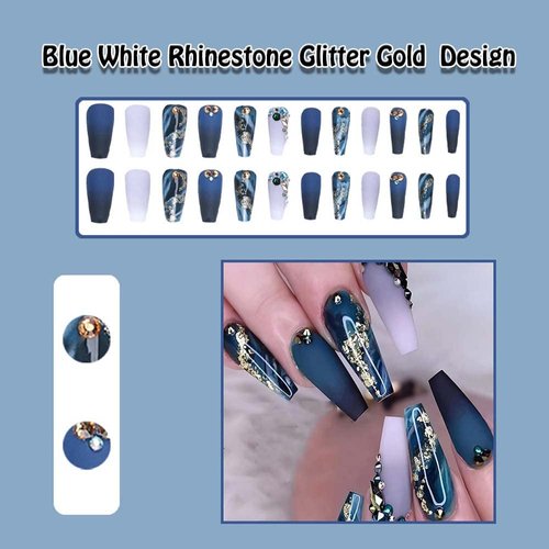 ANDGING Press on Nails Long Coffin Fake Nails for Women with Blue White Rhinestone Glitter Gold Design Glue on Nails Acrylic False Nails Cute Full Cover Stick on Nails for Wedding Birthday 24Pcs