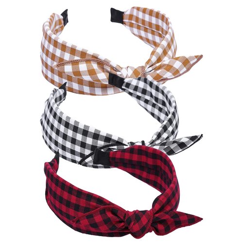 Qiabao 3 Pack Womens Vintage Plaid Headbands Headwraps Hair Band with Bow