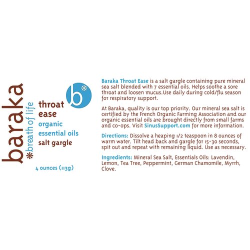 Baraka Throat Ease Salt Gargle 4 oz. - Organic Sea Salt and Essential Oils for Adults and Children
