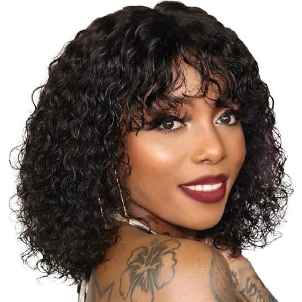 NICMISS Short Curly Bob Wig Human Hair with Bangs Glueless Bob Wigs for Black Women 180% Density Brazilian Bob Wig with Bangs Human Hair Machine Made Black