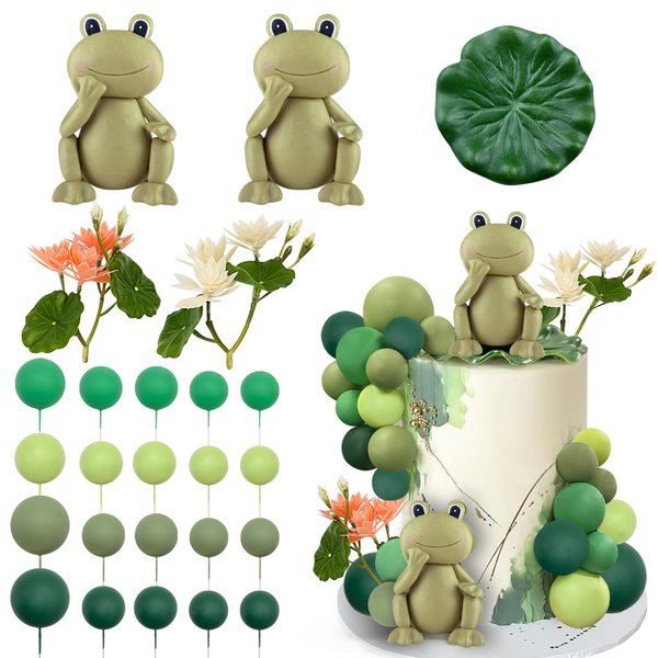 25 PCS Frog Cake Topper Frog Cake Decorations Ball Cake Topper for Boys Girls Frog Birthday Rainforest Party Decoration