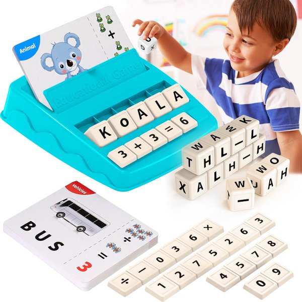 Educational Toys for Kids Ages 3-8,Learing Games for Kids 3-8, Matching Letter Spelling Math Game, Prescool Xmas Birthday Party Gifts for 3-8 Year Olds Boys Girls Light Blue