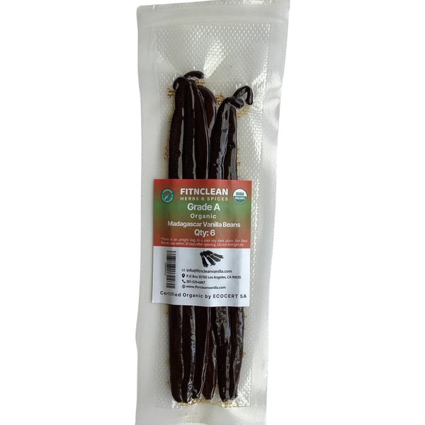 6 Organic Vanilla Beans Madagascar Grade A for Extract, Cooking and Baking by FITNCLEAN VANILLA| Certified USDA Organic. 6"-7.5" Bourbon Fresh Gourmet NON-GMO Whole Pods.