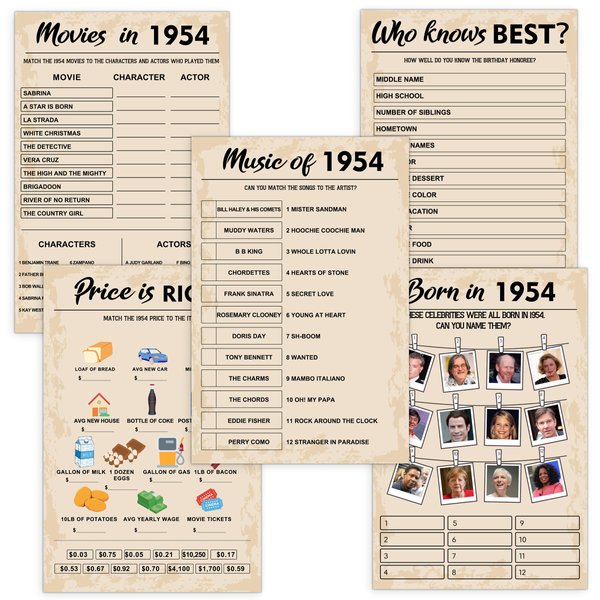 QUPT 70th Birthday Party Games, Set of 5 Activities for 10 Guests, Born in 1954 Games Bundle, Birthday Party Supplies for Adults, Pack of 50 Cards