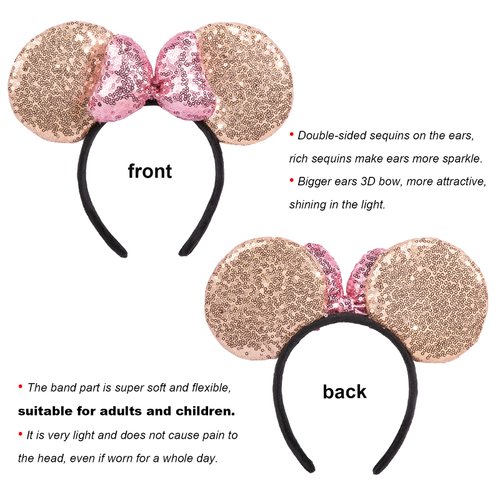 CHuangQi Mouse Ears Shiny Headbands 3D Bow (Pack of 2), Double-sided Sequins Hair Band for Birthday Party/Holiday Dress Up/Amusement Park (Pink Bow Champagne Ear)