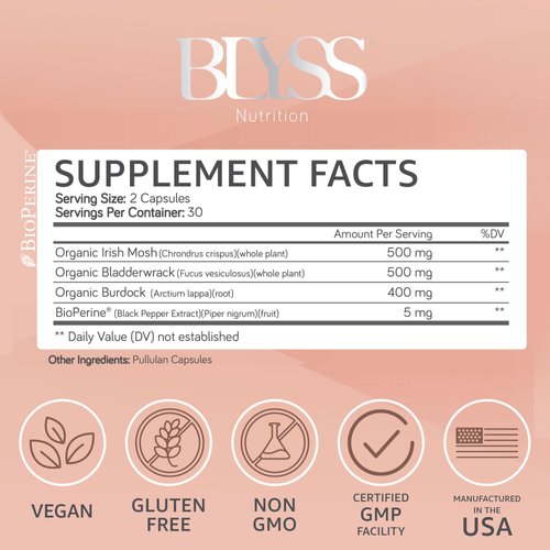 BLYSS Nutrition Organic Sea Moss Capsule - Burdock Root Capsule with Bioperine - Irish Sea Moss Organic for Gut Health - Vegan Sea Moss Pill for Boosting Energy - Anti Aging Capsules with Burdock Root