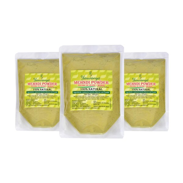 Yauvanya Original Indian Rajasthani Pure and Natural Henna (Mehndi) for Hair | Natural hair color | No chemical - 300 gms (3 Packets of 100 gms each)