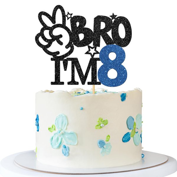RoadSea Brother I'm 8 Cake Topper - Boy 8th Birthday Cake Supplies - 8 Years Old - Big Brother 8th Birthday Party Decoration - Black Glitter