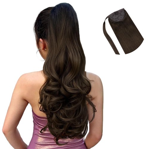 HOTBANANA Ponytail Extension, 22 Inch Ponytail Extension Human Hair Clip in Wrap Around Ponytail Hair Piece Light Dark Brown Long Straight Remy Human Hair Extension 90g