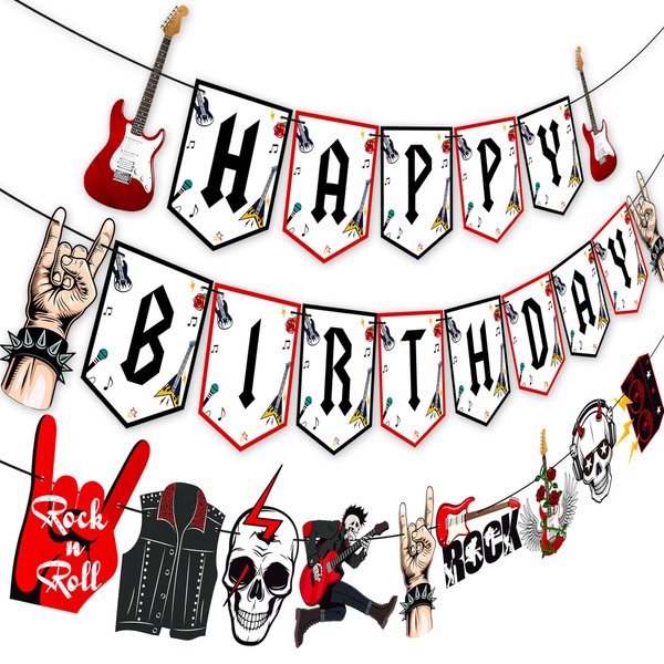 Rock and Roll Birthday Banner 3Pcs One Rocks Party Banners Rock Music Birthday Party Decoration Rock Party Hanging Cutout Banners for Rock and Roll Baby Shower Supplies