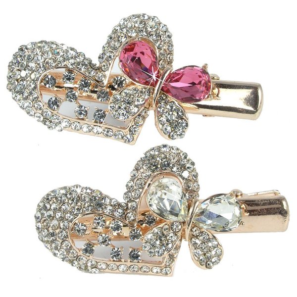 Exquisite Jeweled Heart & Butterfly Hair Clips: Pink & Clear Rhinestone Crystals, Gold Metal Clasp - Set of 2 - Elegant Hair Accessories for Special Occasions - 2" W X 1" H"