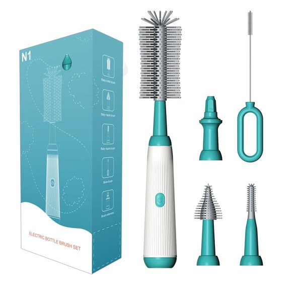 Electric Bottle Brush, Honboom Baby Bottle Cleaner, Rechargeable Waterproof Two-Speed Cleaning Mode Nipple Brush for Baby Bottles Pacifiers Straws Travel Bottle Brush Set (Green)
