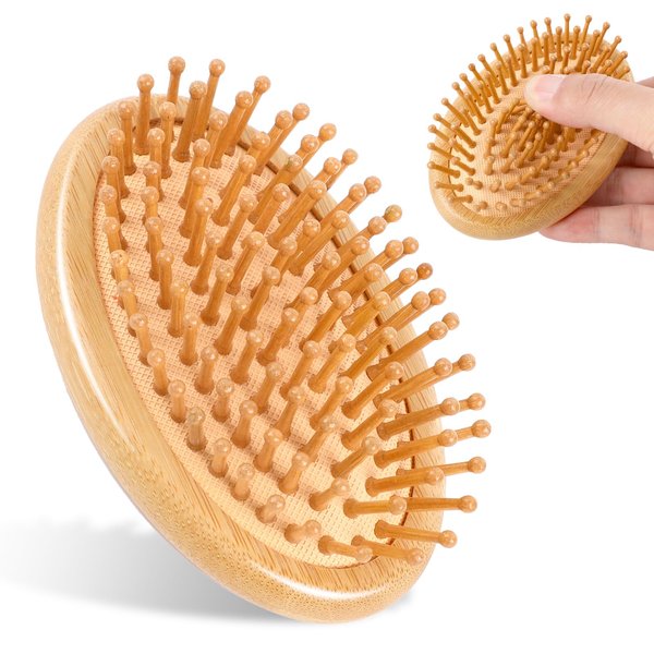 Bamboo Brush for Hair Growth, 2 Pack Natural Wooden Scalp Brush Mini Hair Scalp Massager Anti-Static Round Bamboo Bristles Detangling Hairbrush for Women and Men All Hair Types, No Handle Design