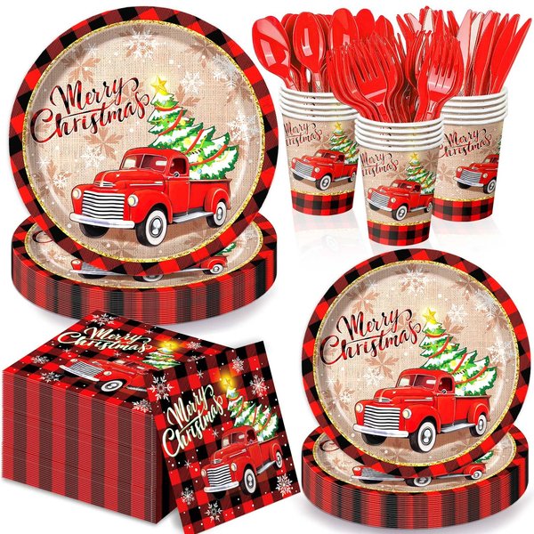 168 Pcs Christmas Party Supplies Christmas Party Decorations Included Christmas Paper Plates, Cups, Buffalo Plaid Napkins, Cutlery for Xmas Party, Serves 24 Guests