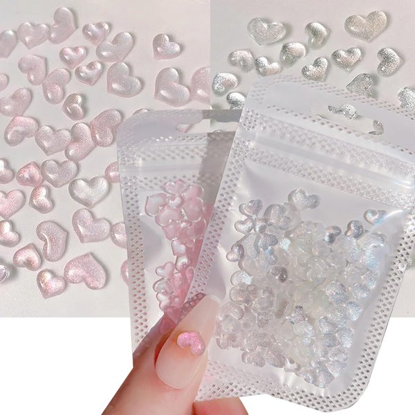 200 Pcs Glitter Clear Pink Heart Nail Art Charms Mixed Size 3D Love Hearts Nail Rhinestones Resin Crystal Nail Jewelry Acrylic Nail Supplies Women Valentine's Day Manicure Decoration Accessories