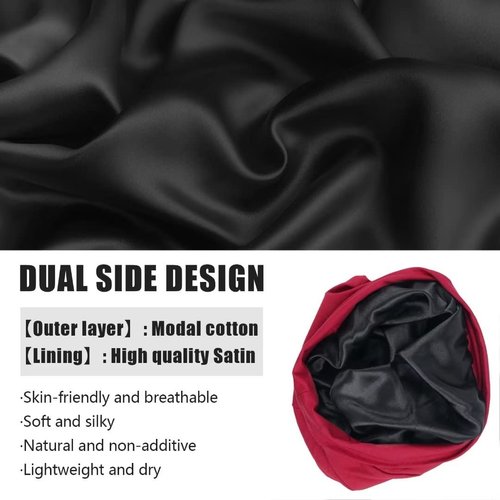2 PCS Silk Bonnet for Sleeping Silk Hair Wrap Satin Bonnet Silk Sleep Caps for Women Head Wrap Stain Bonnet for Curly Hair Scarf Silky Durags for Men Stay on Overnight Cap - Red & Black